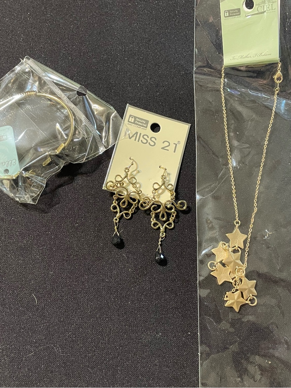 Ella Gold Filigree Drop Earrings with Black Teardrops